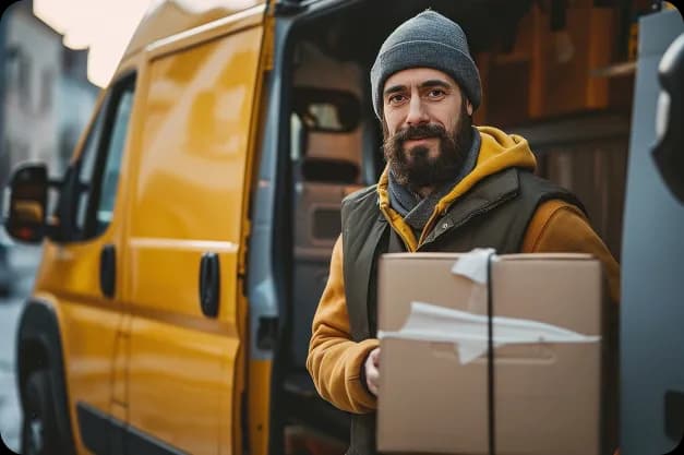 Cargo van driver holding a package at the open side door of a yellow van