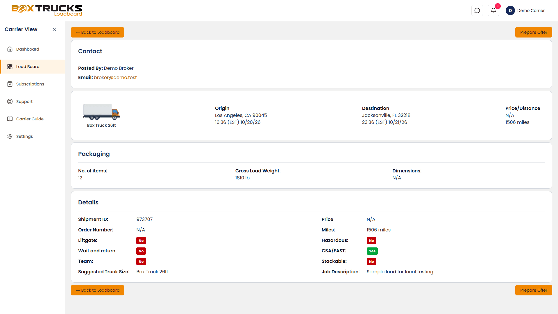 Box Trucks Loadboard Load Information page showing contact, origin, destination, packaging, and load details