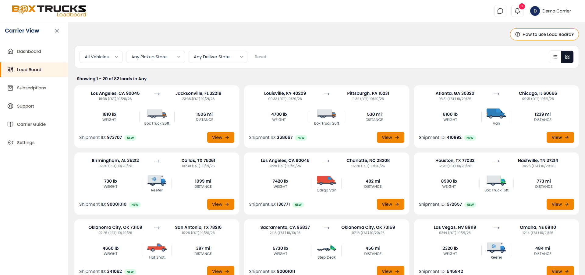 Box Trucks Loadboard Loadboard desktop card view showing available loads