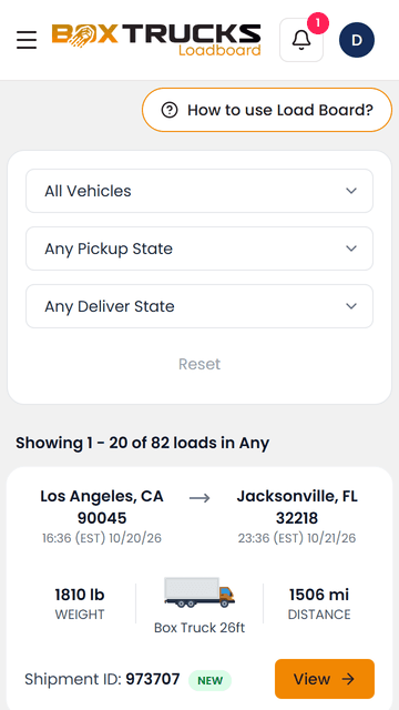 Box Trucks Loadboard Loadboard mobile card view showing available loads