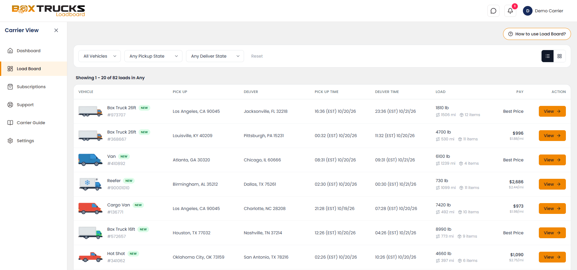 Box Trucks Loadboard Loadboard desktop table view showing filters and available loads